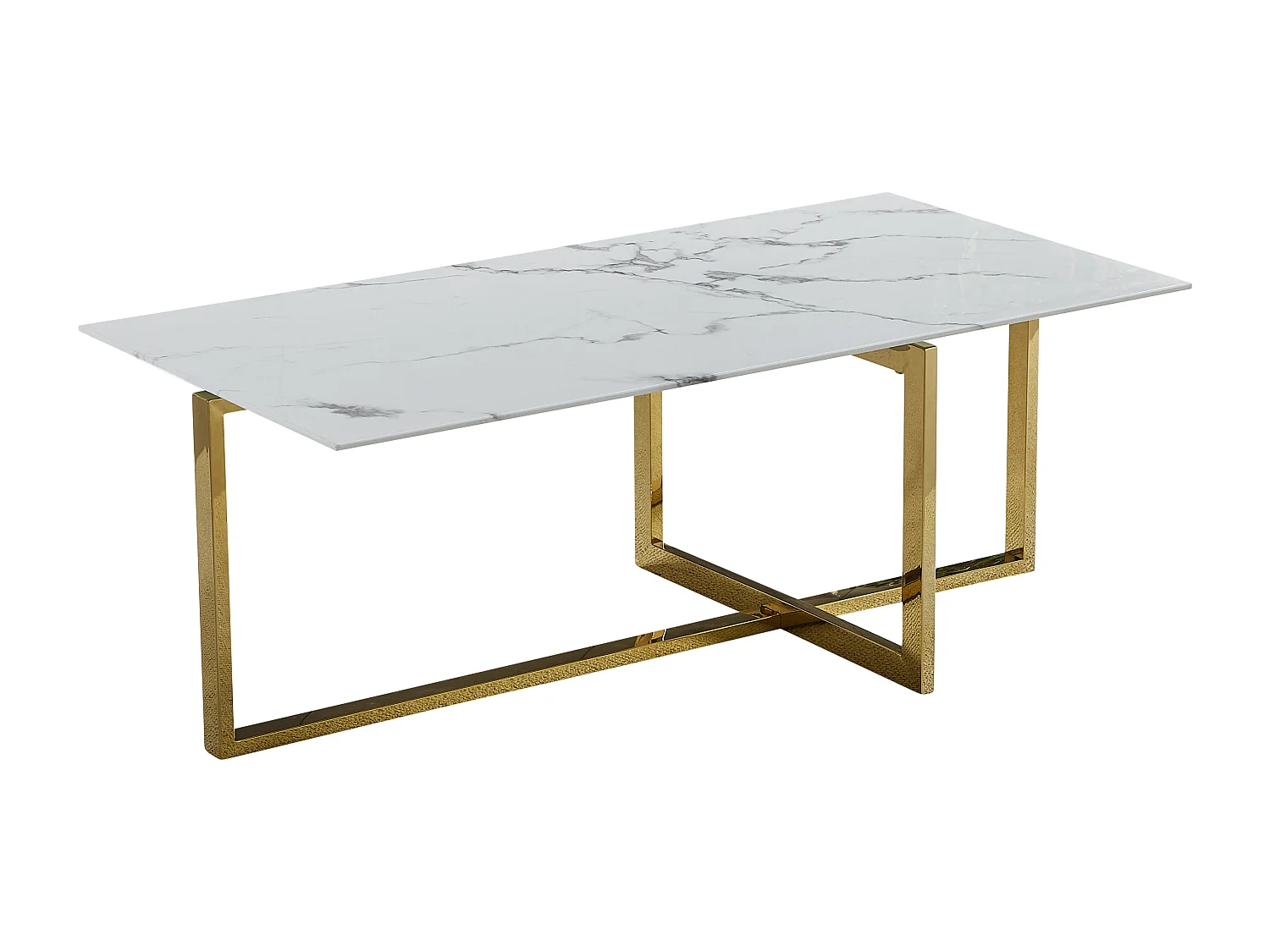 Salontafel rechthoekig - Gehard glas wit marmer - Goudkleurig metaal