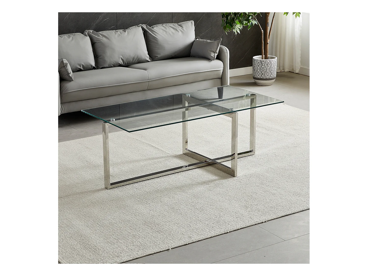 Salontafel rechthoekig - Gehard glas transparant - Zilverkleurig metaal