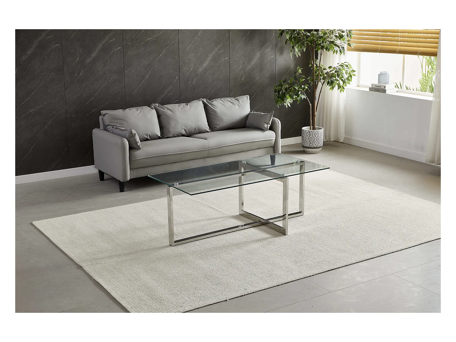 Table basse rectangulaire - Verre trempé transparent - Métal argenté - CHIARA