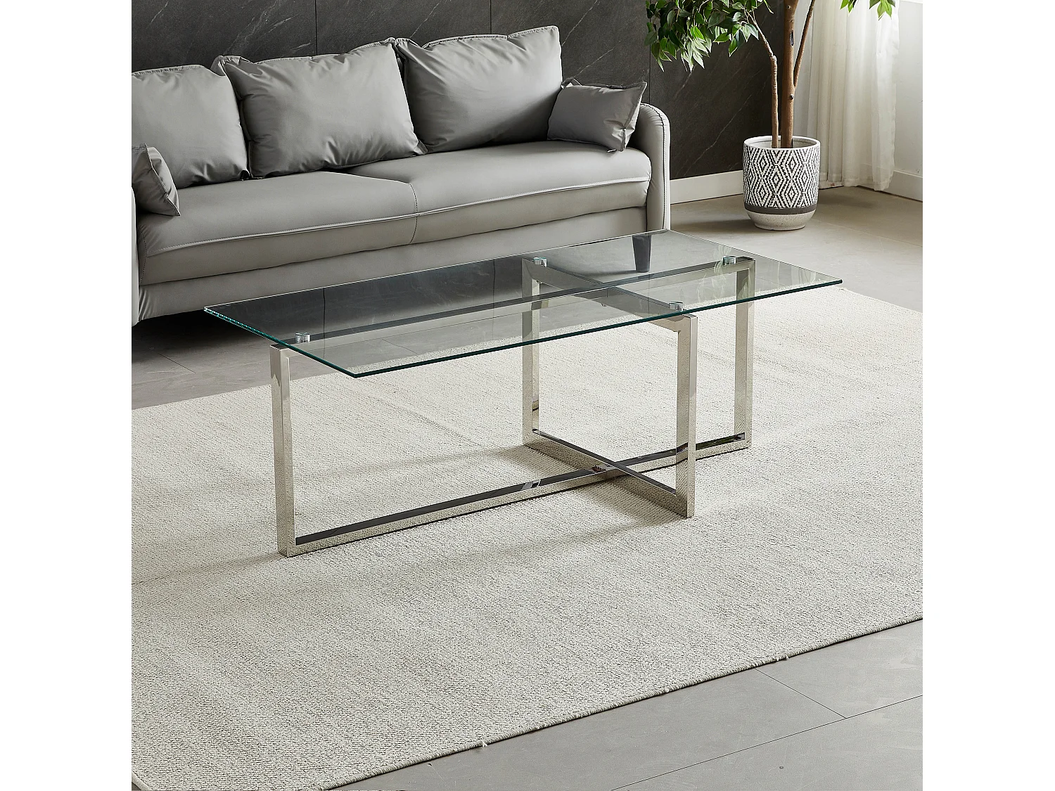 Table basse rectangulaire - Verre trempé transparent - Métal argenté - CHIARA