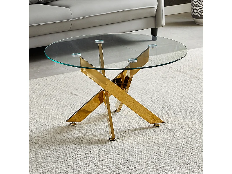 Salontafel rond - Gehard glas transparant - Goudkleurig metaal