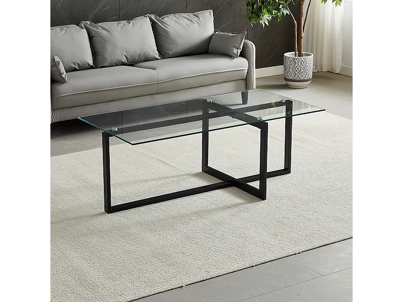 Table basse rectangulaire - Verre trempé transparent - Métal noir - CHIARA