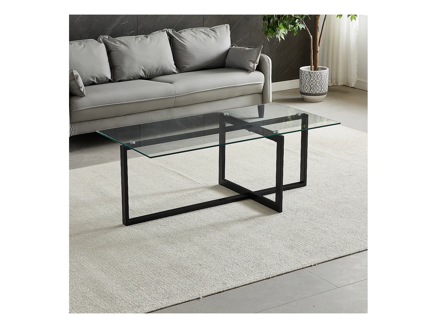 Salontafel rechthoekig - Gehard glas transparant - Zwart metaal
