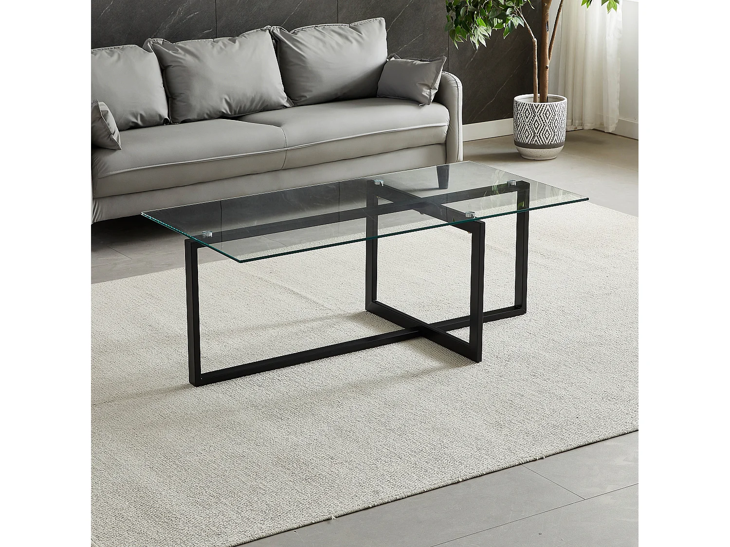 Table basse rectangulaire - Verre trempé transparent - Métal noir - CHIARA