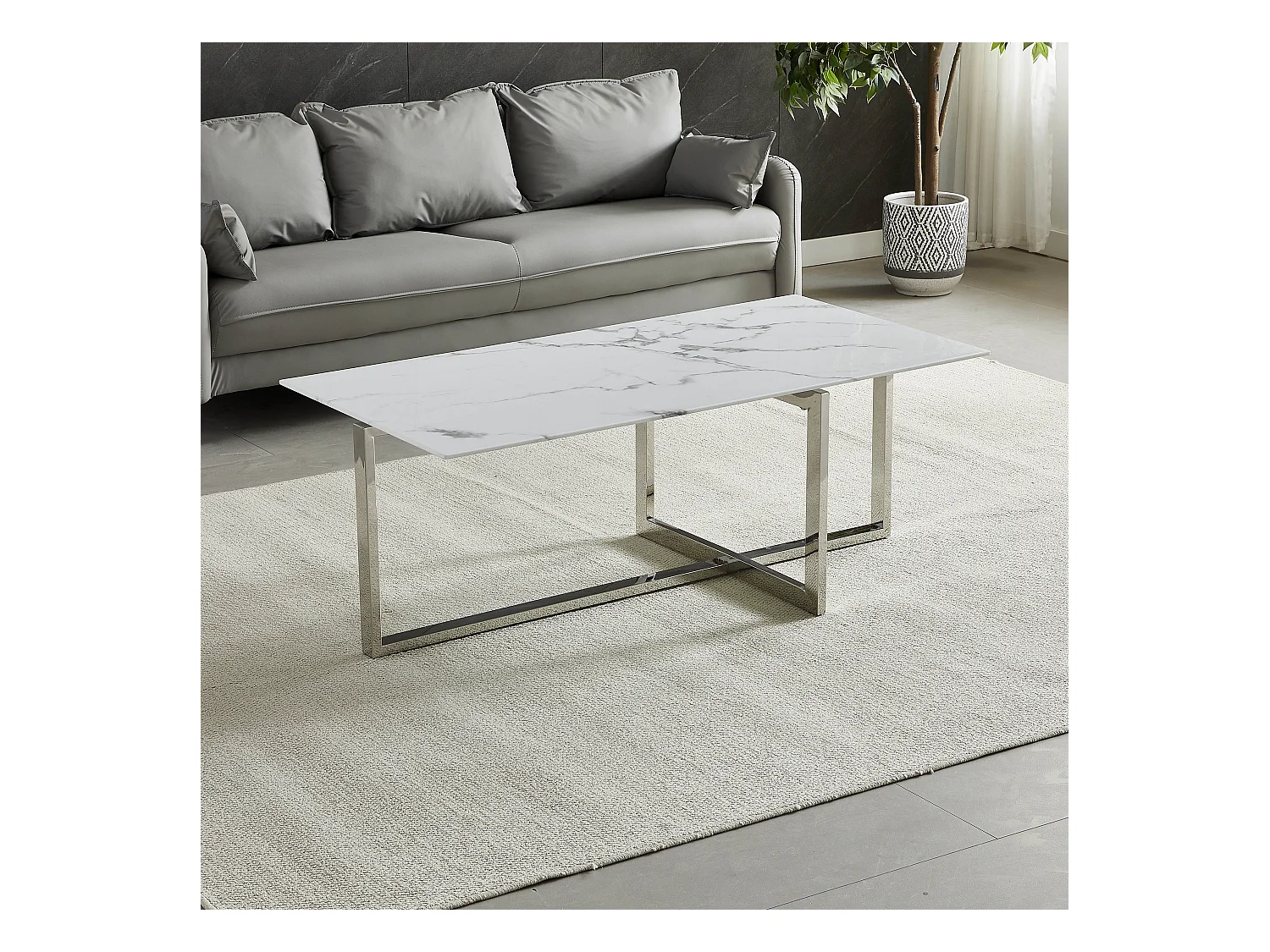 Salontafel rechthoekig - Gehard glas wit marmer - Zilverkleurig metaal