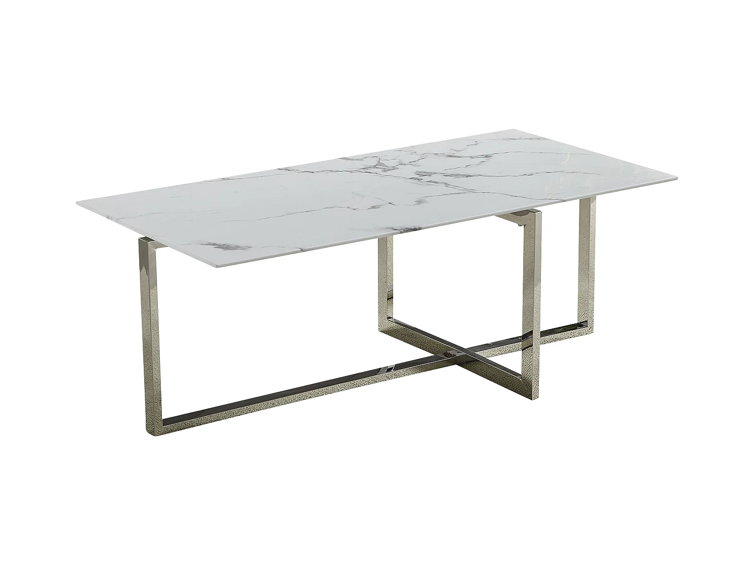 Salontafel rechthoekig - Gehard glas wit marmer - Zilverkleurig metaal