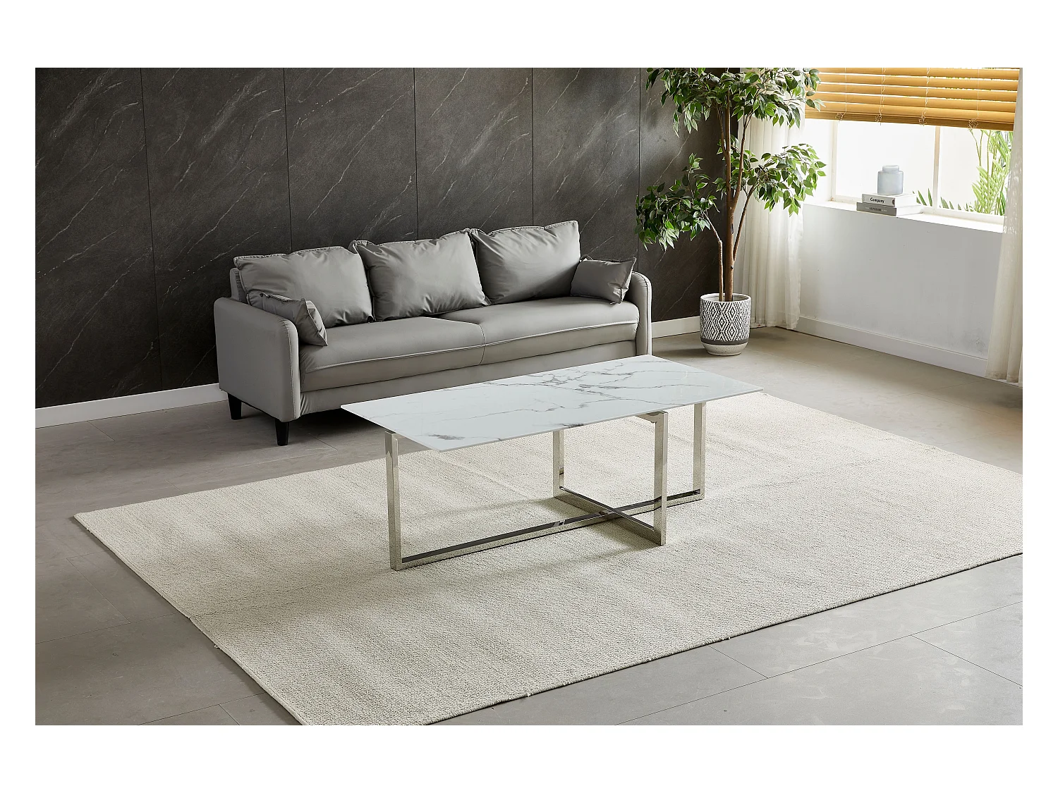Table basse rectangulaire - Verre trempé effet marble blanc - Métal argenté - CHIARA