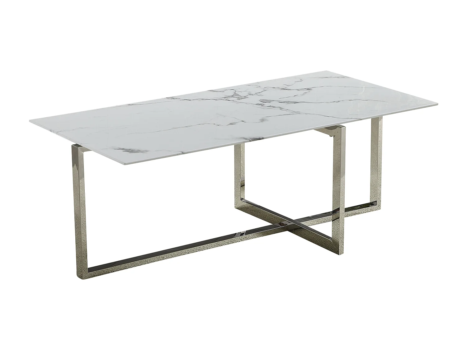 Salontafel rechthoekig - Gehard glas wit marmer - Zilverkleurig metaal