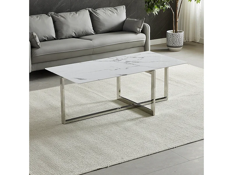 Salontafel rechthoekig - Gehard glas wit marmer - Zilverkleurig metaal