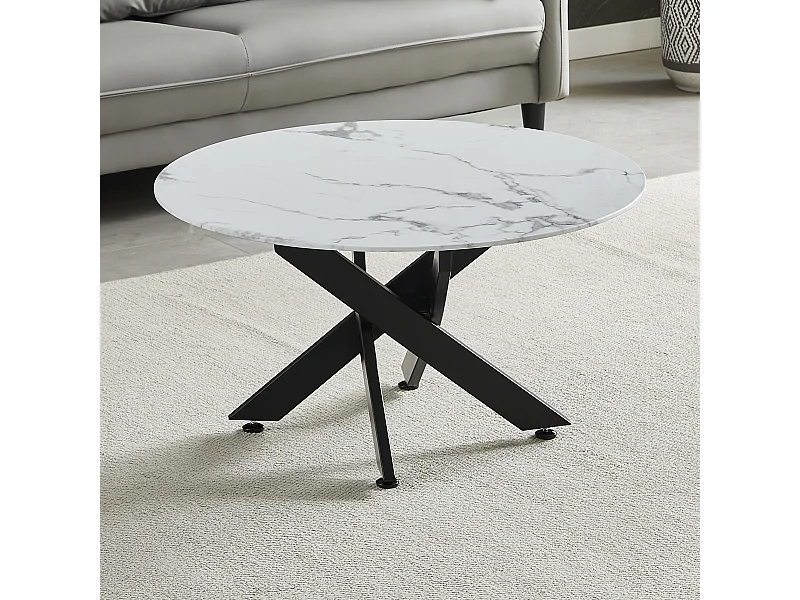 Table basse ronde - Verre trempé effet marbre blanc - Métal noir - CHIARA