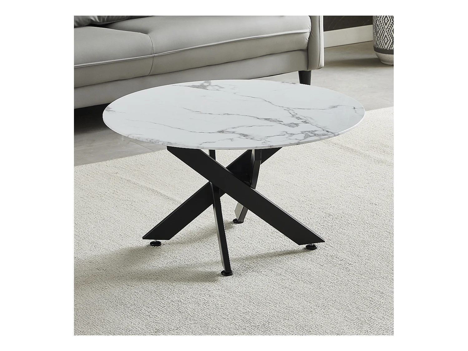 Table basse ronde - Verre trempé effet marbre blanc - Métal noir - CHIARA