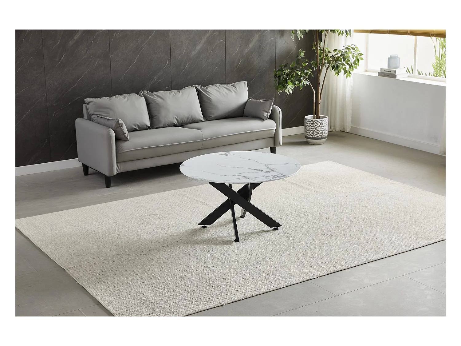 Table basse ronde - Verre trempé effet marble blanc - Métal noir - CHIARA