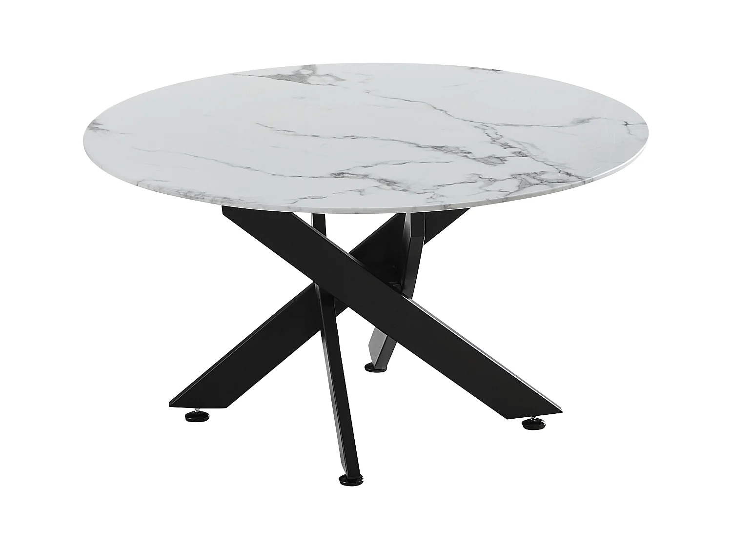 Salontafel rond - Gehard glas wit marmer - Zwart metaal