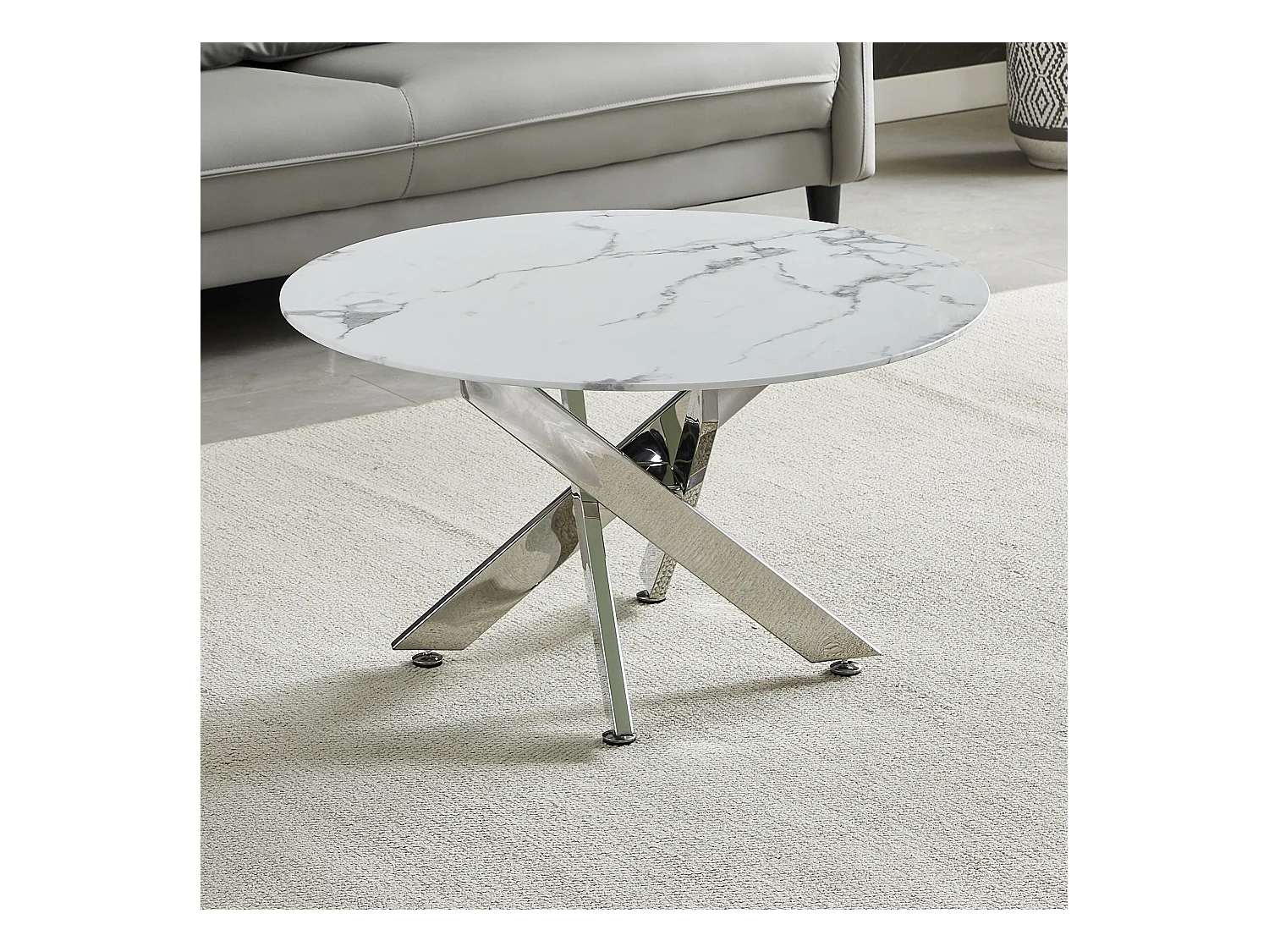 Salontafel rond - Gehard glas wit marmer - Zilverkleurig metaal