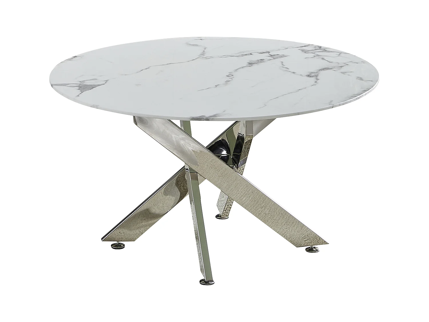 Salontafel rond - Gehard glas wit marmer - Zilverkleurig metaal