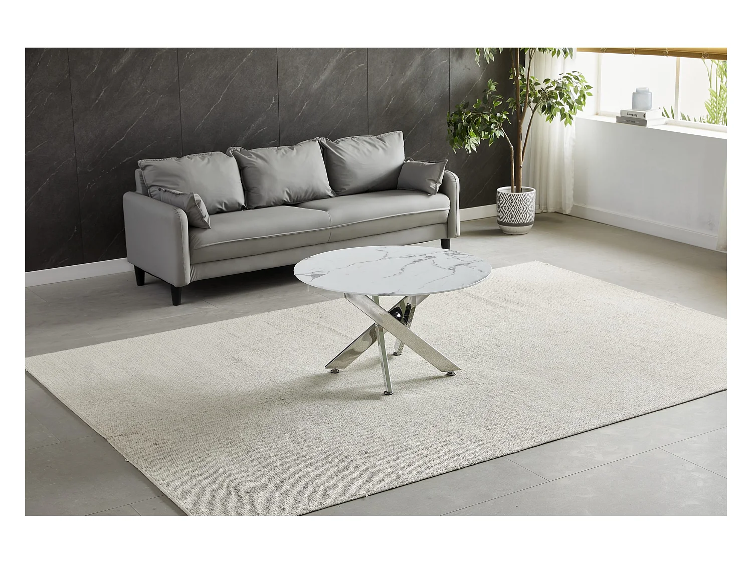 Table basse ronde - Verre trempé effet marble blanc - Métal argenté - CHIARA
