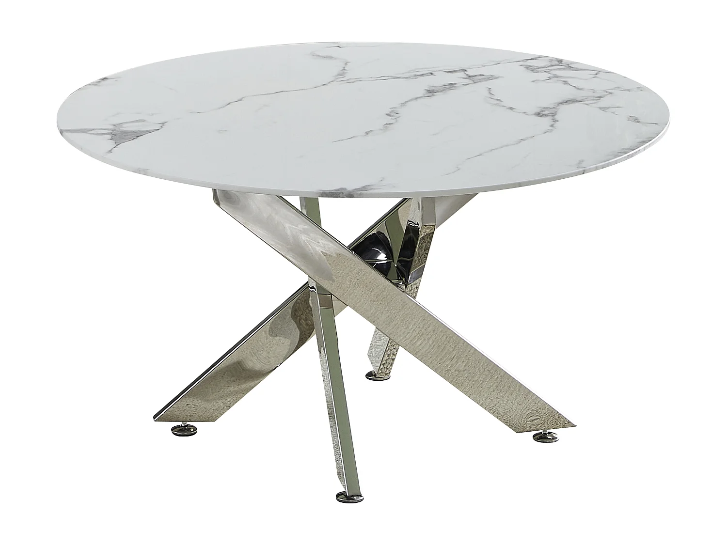 Table basse ronde - Verre trempé effet marbre blanc - Métal argenté - CHIARA