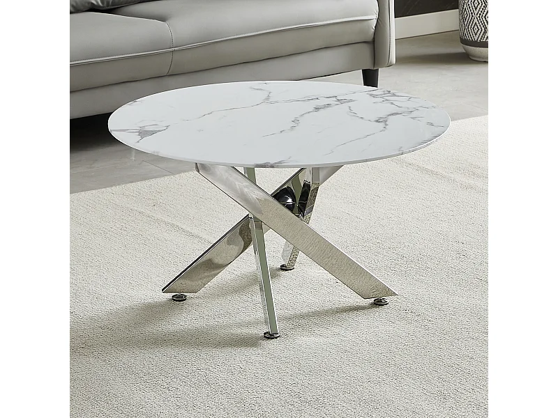 Table basse ronde - Verre trempé effet marbre blanc - Métal argenté - CHIARA