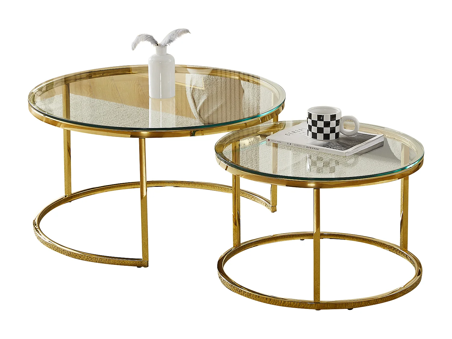 Set van 2 salontafels - Gehard glas transparant - Goudkleurig metaal