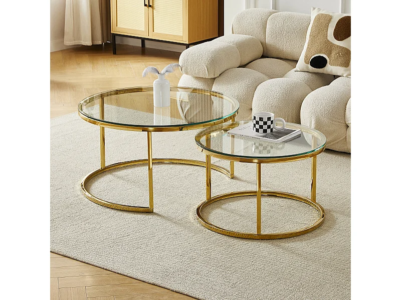 Tables basses gigognes MILA - Verre trempé transparent et métal doré