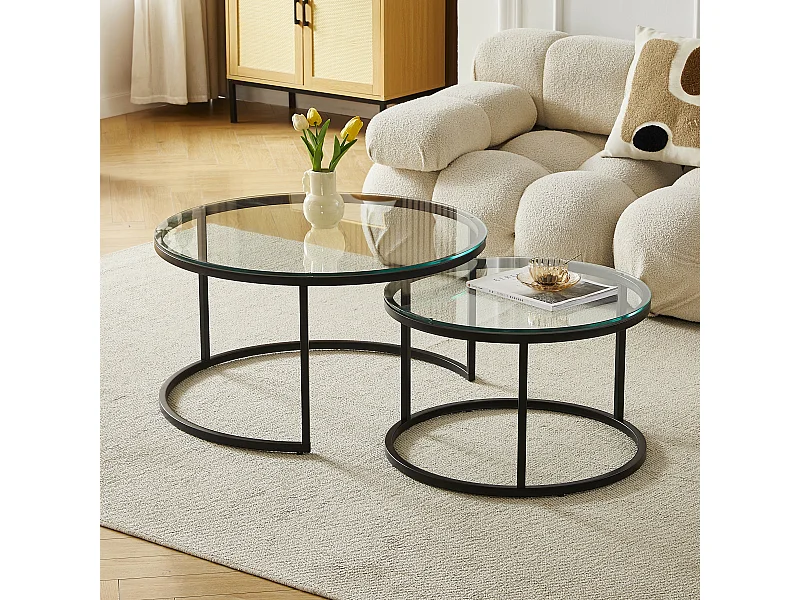 Tables basses gigognes MILA - Verre trempé transparent et métal noir