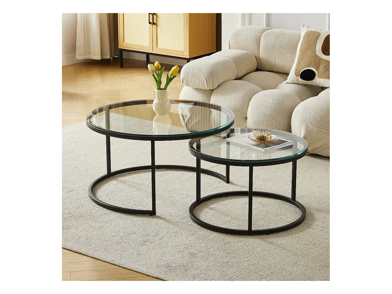 Tables basses gigognes MILA - Verre trempé transparent et métal noir