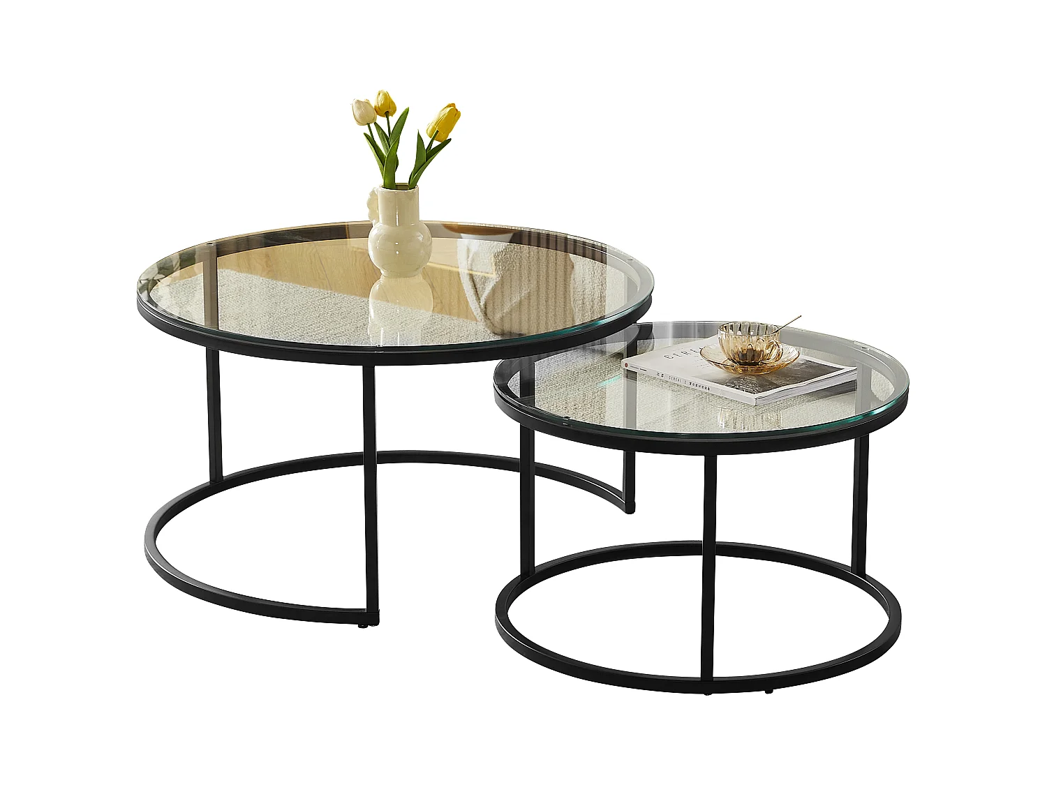 Tables basses gigognes MILA - Verre trempé transparent et métal noir