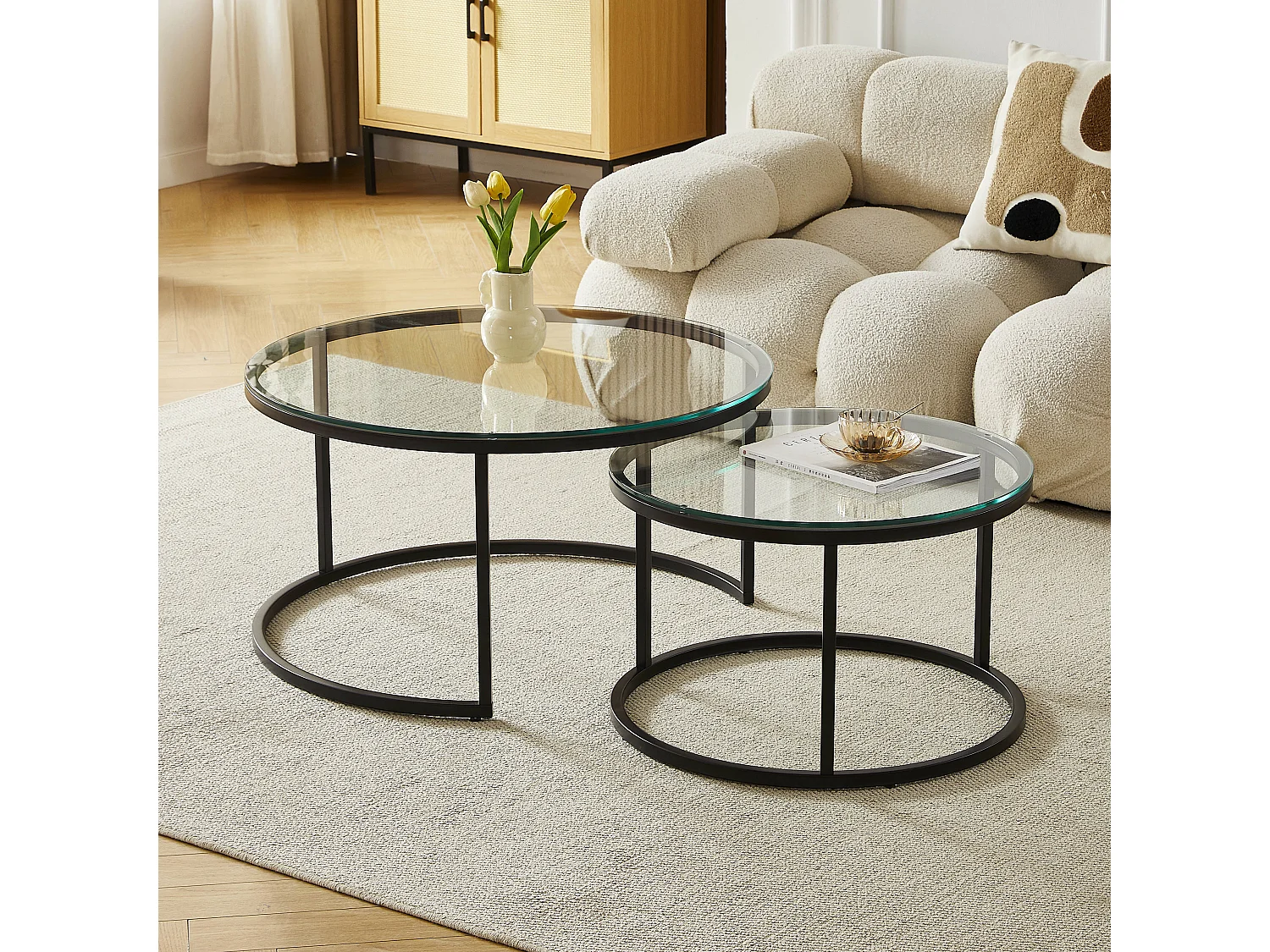 Set van 2 salontafels - Gehard glas transparant - Zwart metaal