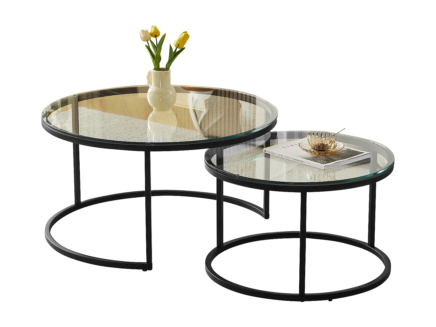 Set van 2 salontafels - Gehard glas transparant - Zwart metaal