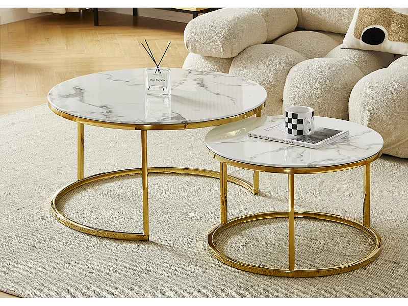 Tables basses gigognes MILA - Verre trempé effet marbre blanc et métal doré