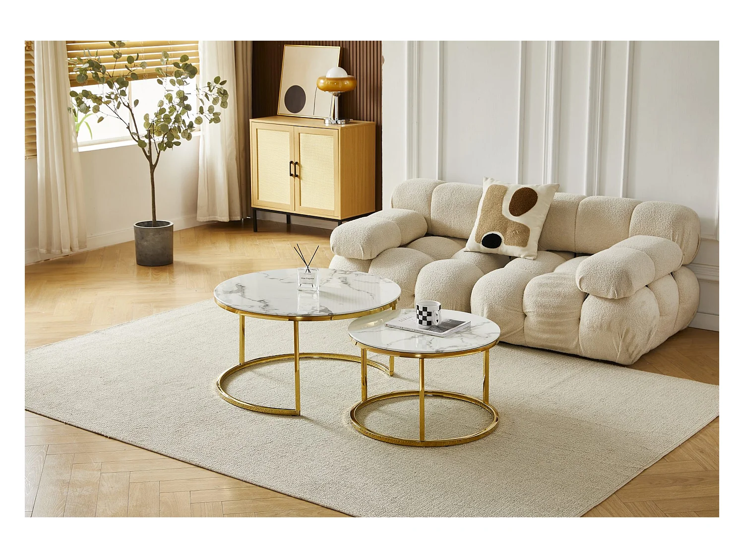 Tables basses gigognes MILA - Verre trempé effet marbre blanc et métal doré