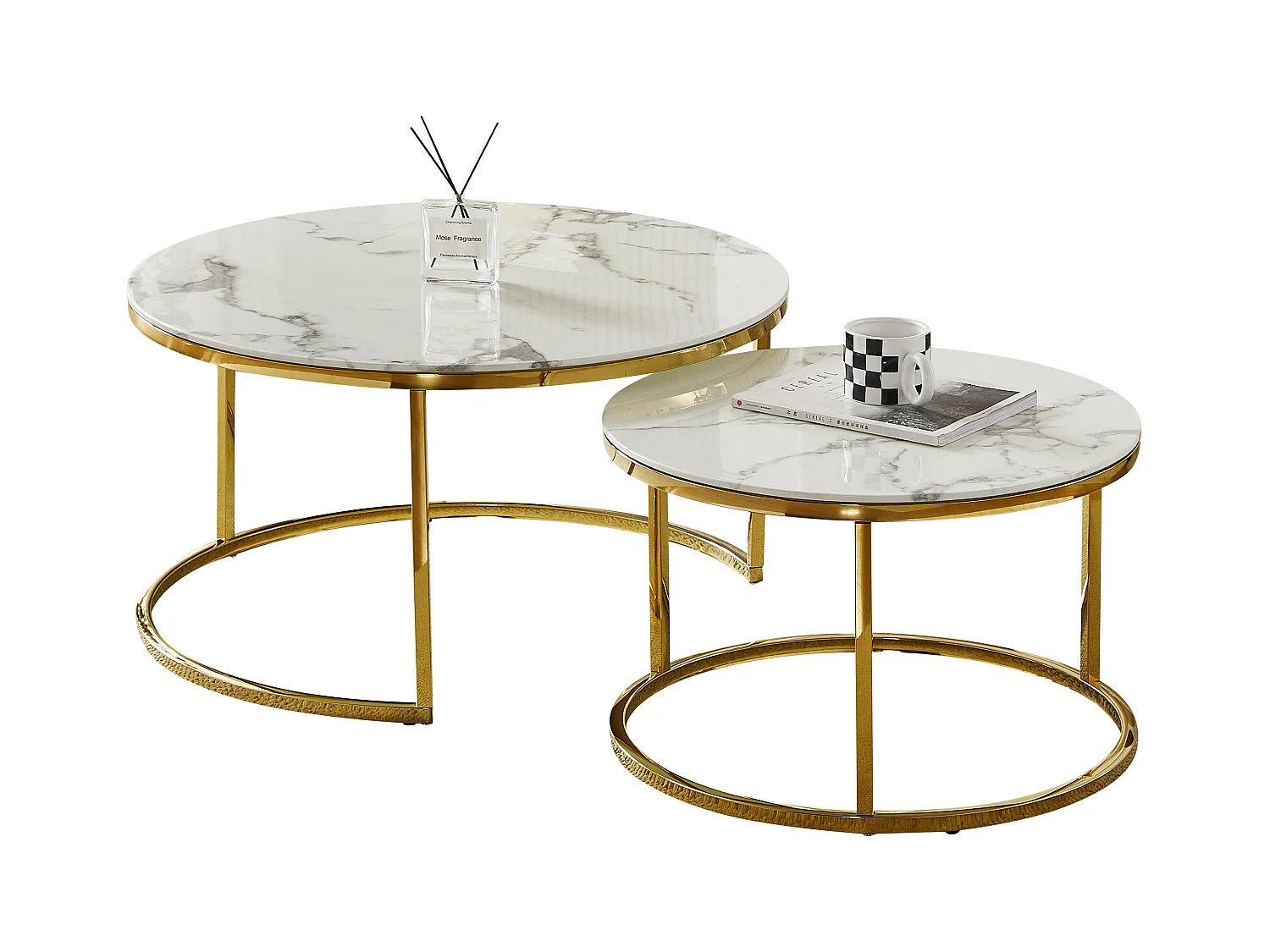 Tables basses gigognes MILA - Verre trempé effet marbre blanc et métal doré