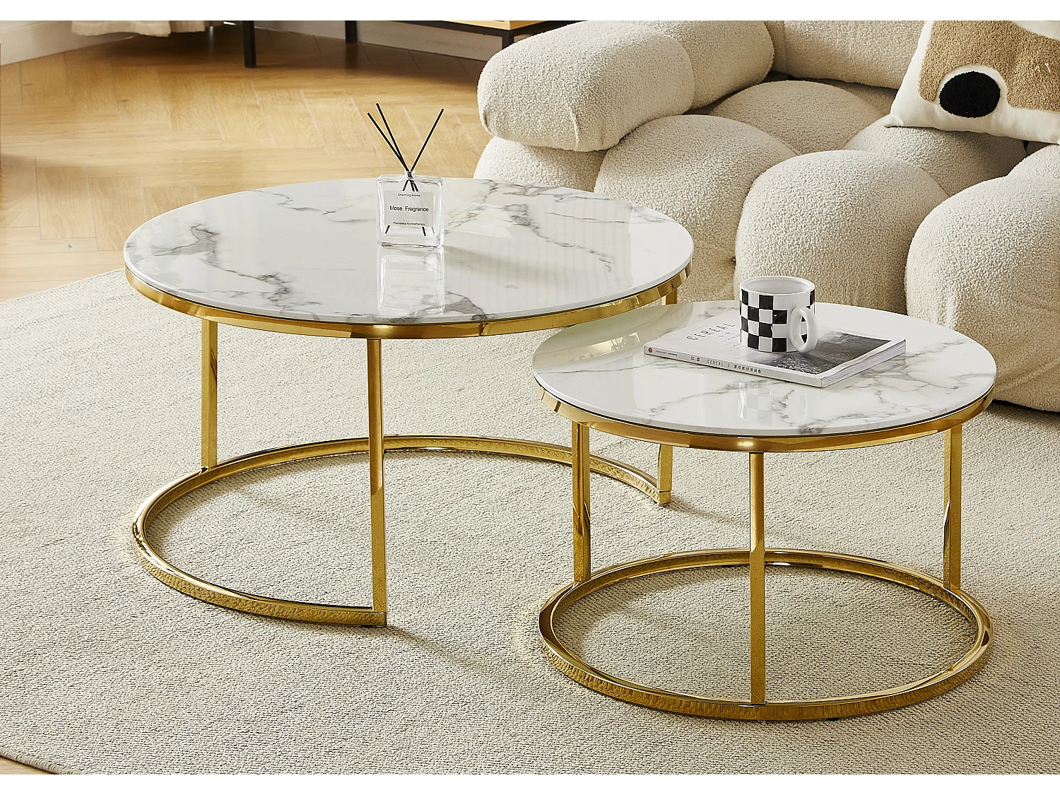 Tables basses gigognes MILA - Verre trempé effet marbre blanc et métal doré