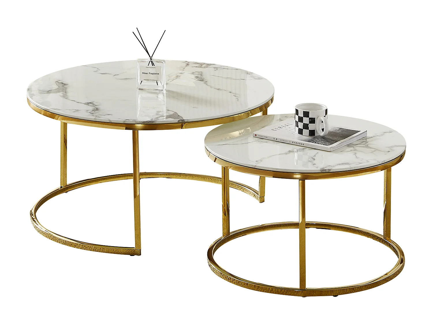 Tables basses gigognes MILA - Verre trempé effet marbre blanc et métal doré