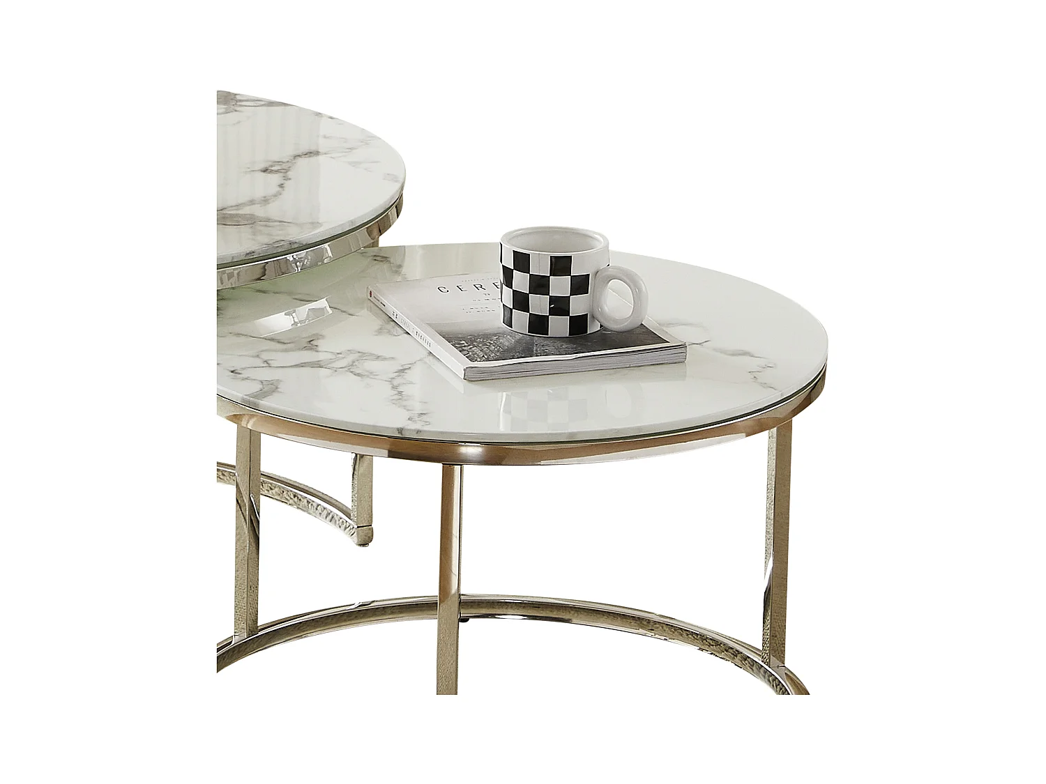 Tables basses gigognes MILA - Verre trempé effet marbre blanc et métal argenté