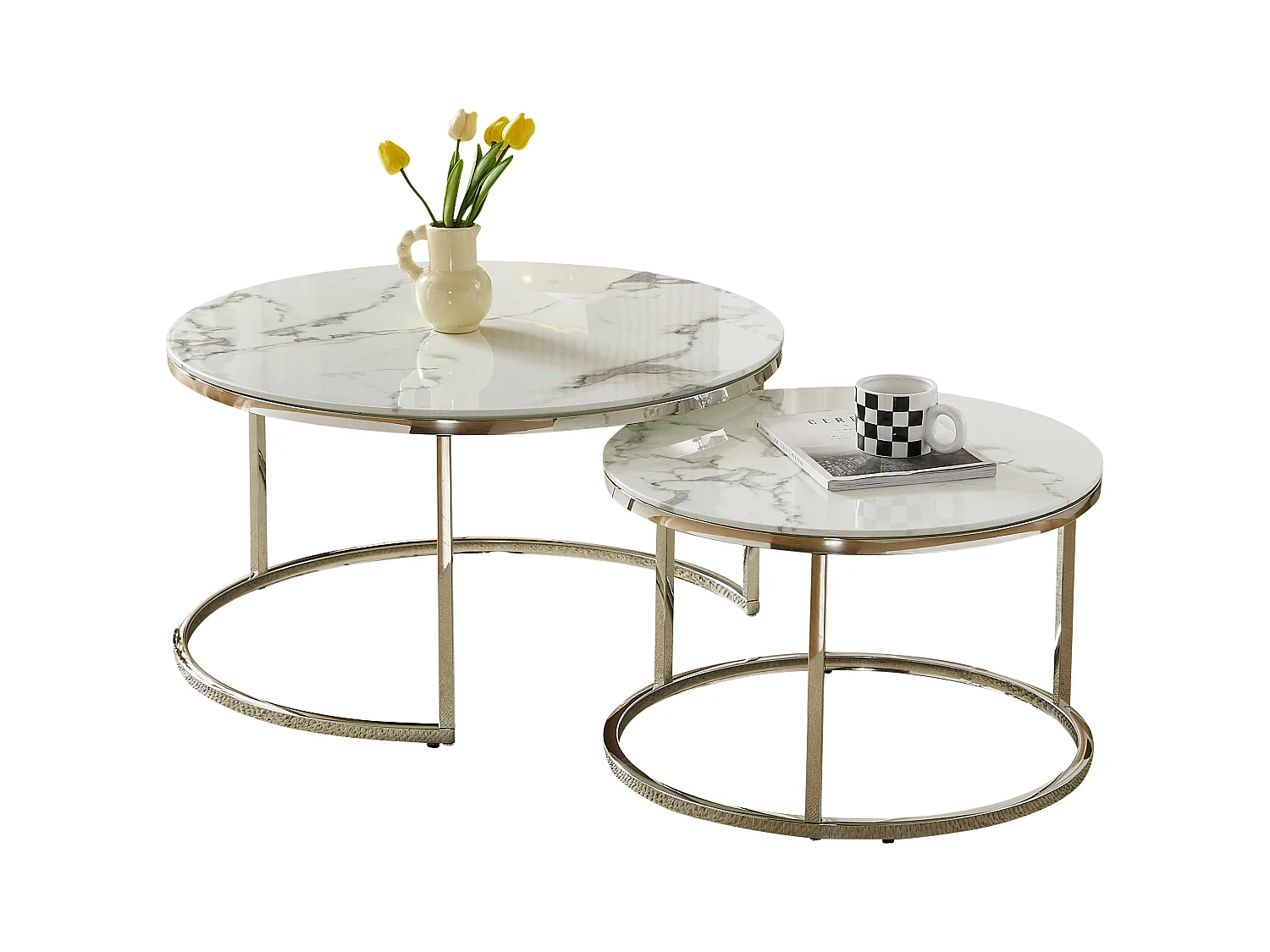 Tables basses gigognes MILA - Verre trempé effet marbre blanc et métal argenté