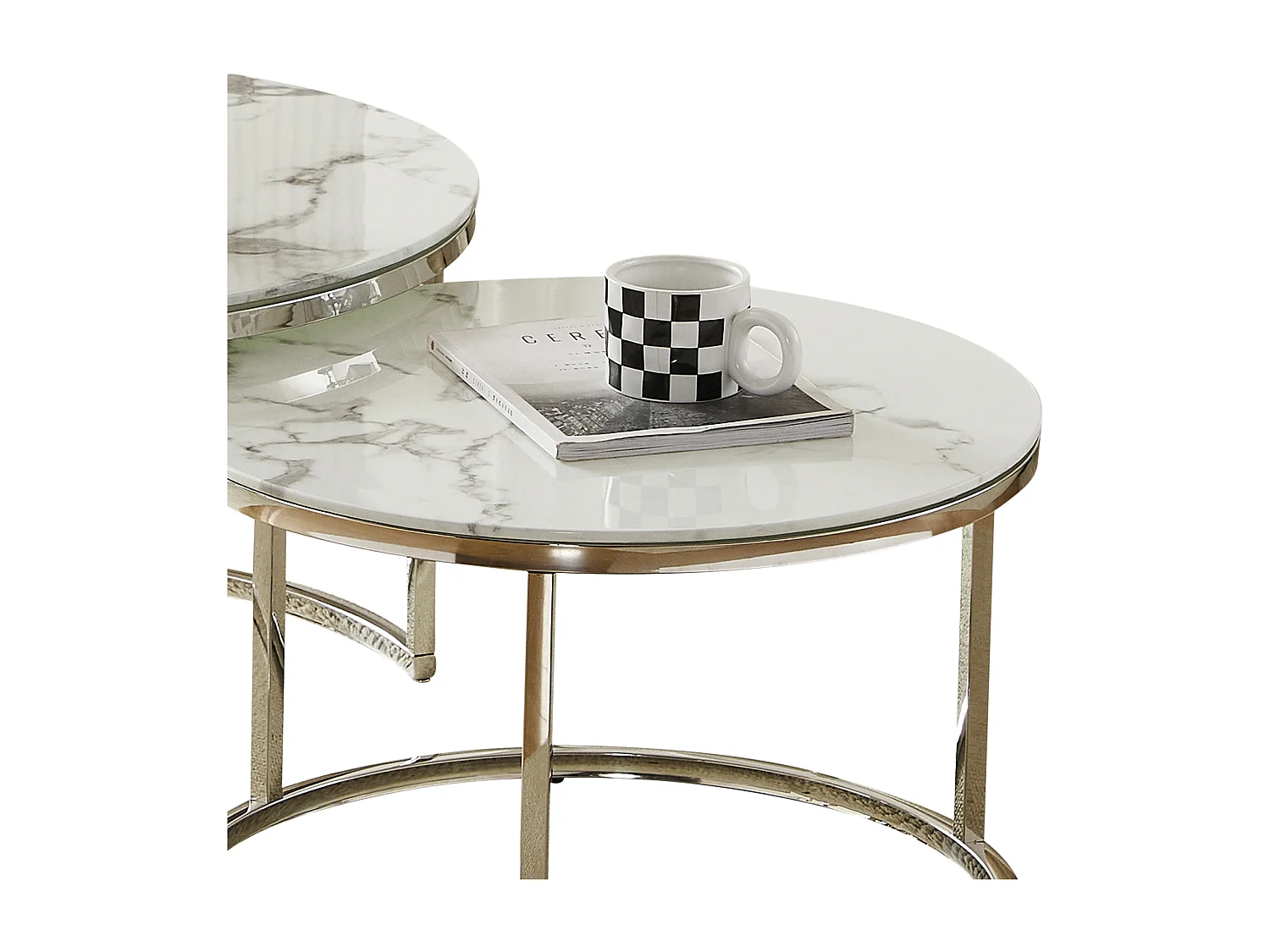 Set van 2 salontafels - Gehard glas wit marmereffect - Zilverkleurig metaal