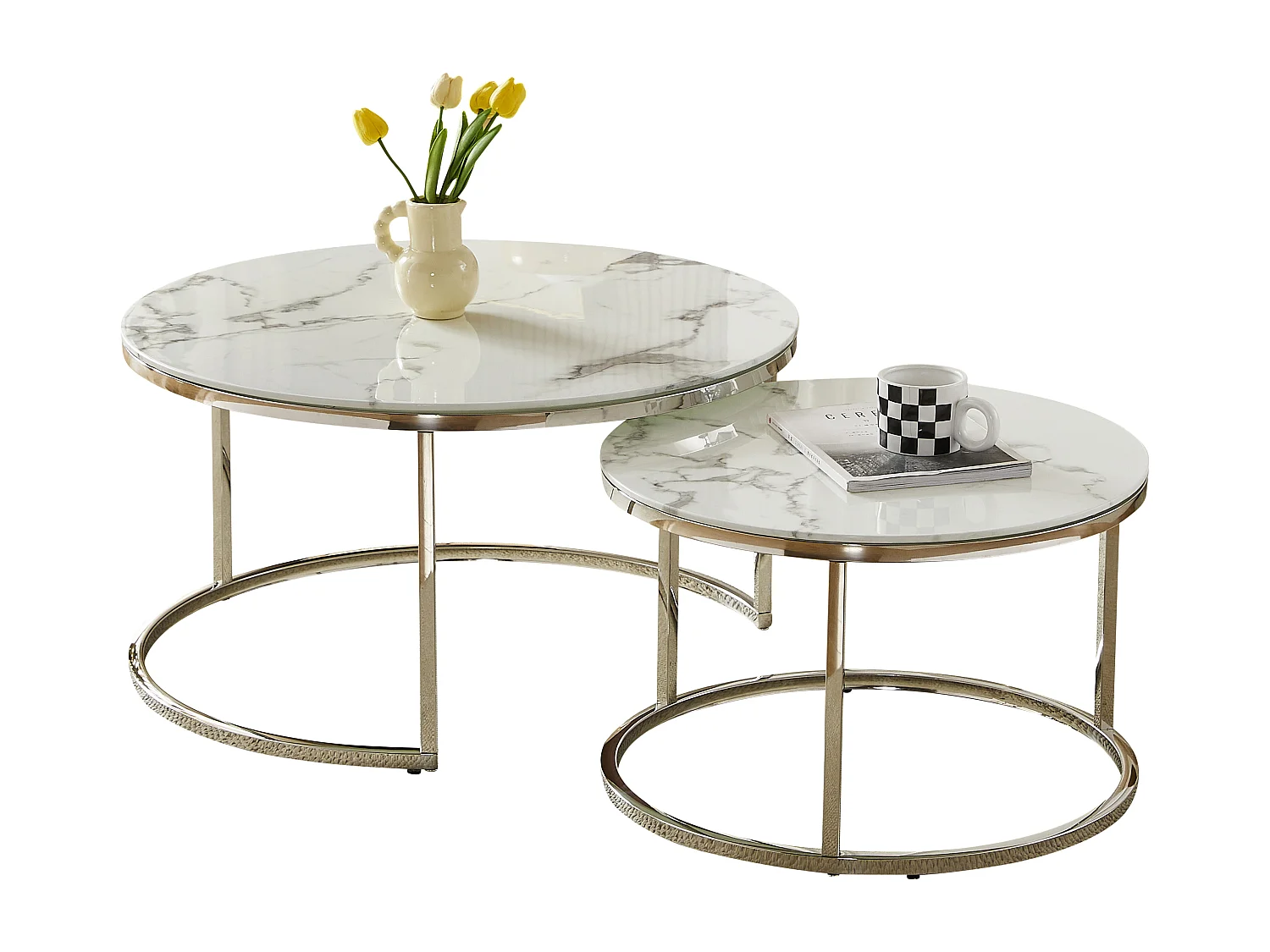 Set van 2 salontafels - Gehard glas wit marmereffect - Zilverkleurig metaal