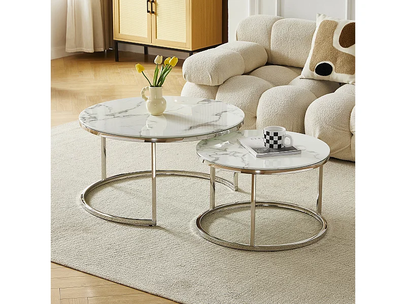 Tables basses gigognes MILA - Verre trempé effet marbre blanc et métal argenté