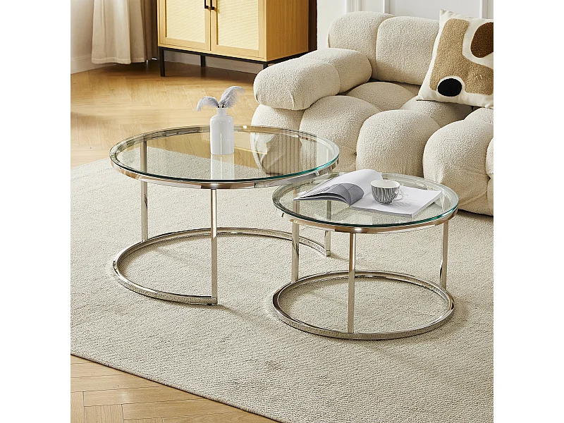 Set van 2 salontafels - Gehard glas transparant - Zilverkleurig metaal