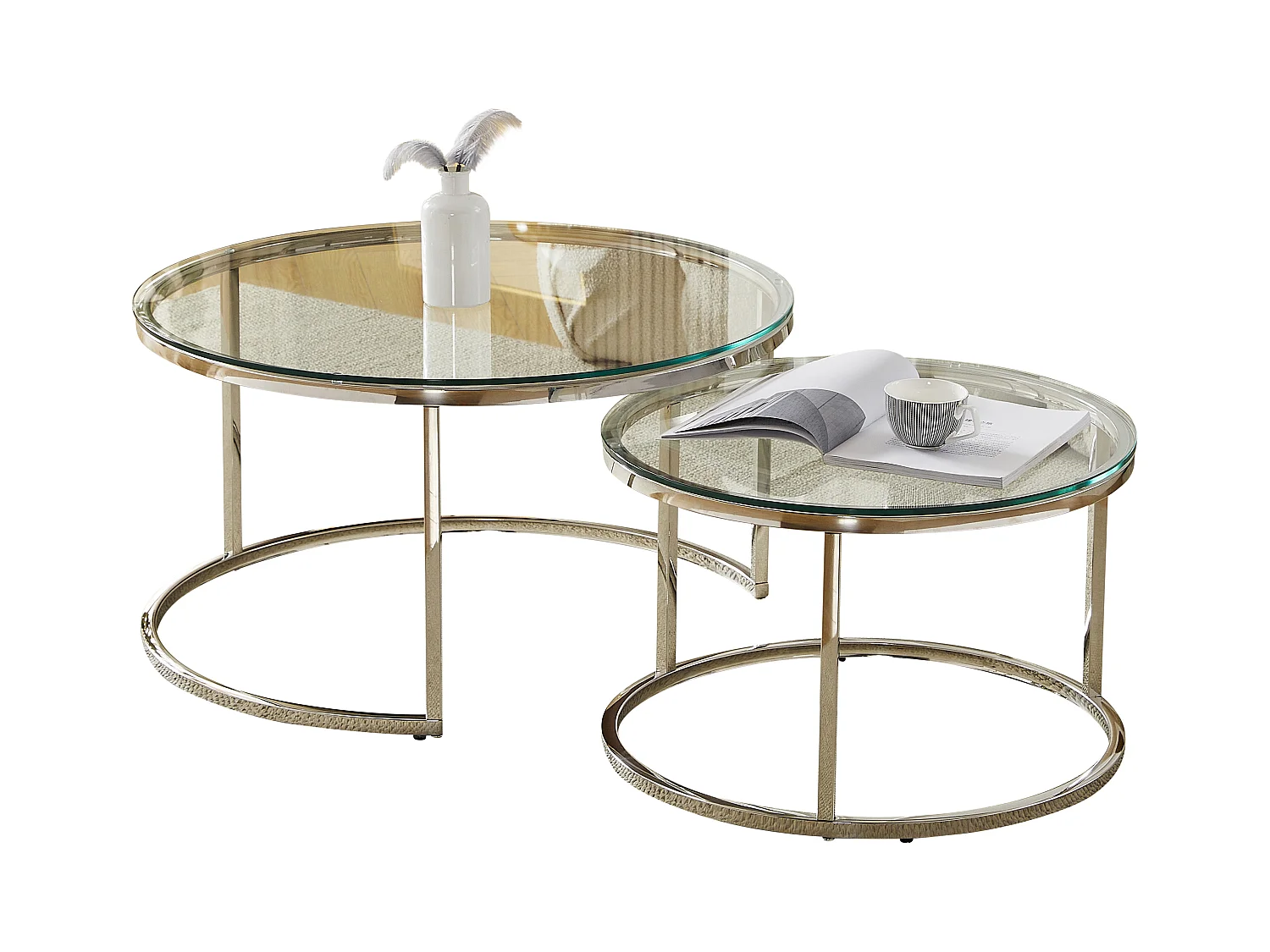 Tables basses gigognes MILA - Verre trempé transparent et métal argenté