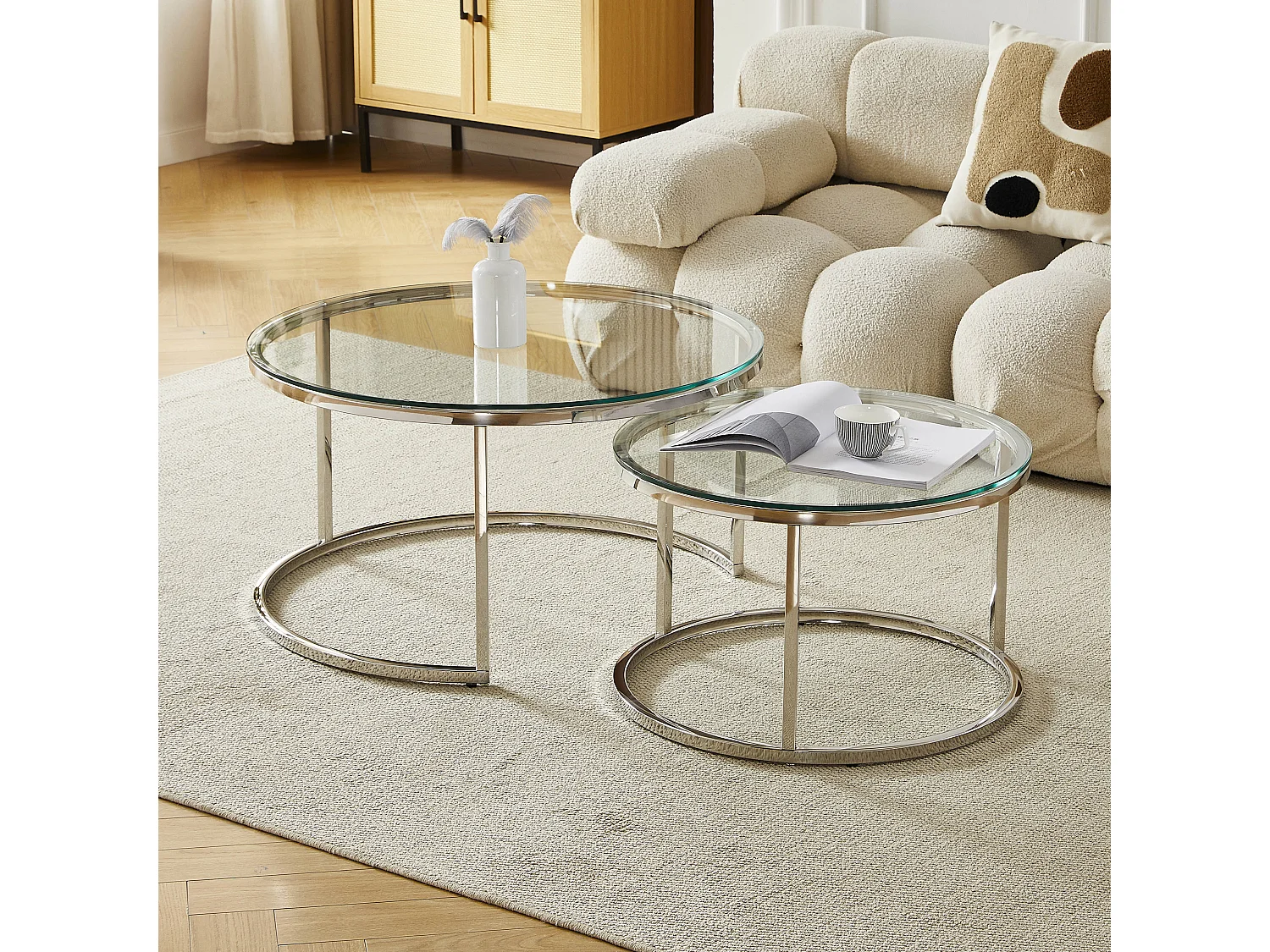 Set van 2 salontafels - Gehard glas transparant - Zilverkleurig metaal