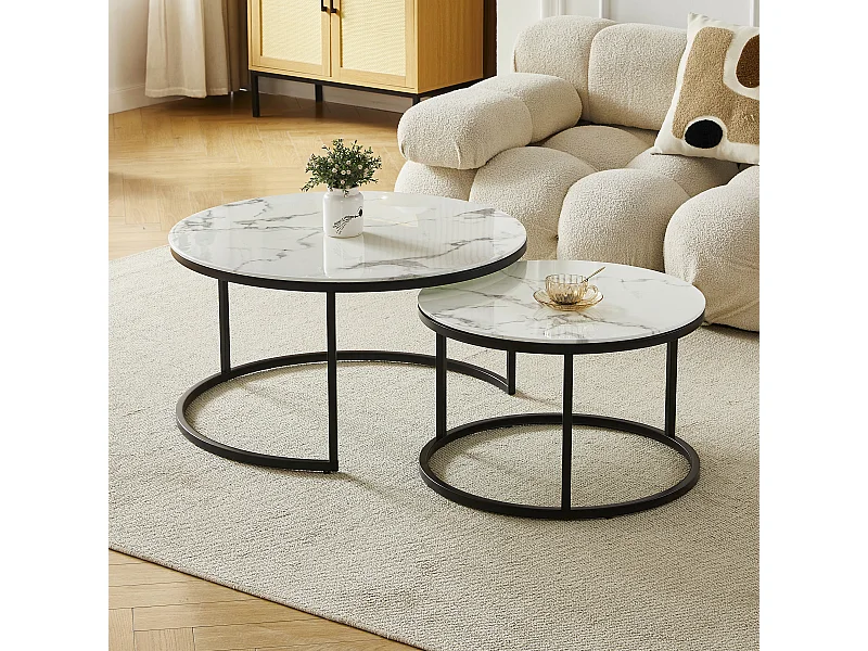 Tables basses gigognes MILA - Verre trempé effet marbre blanc et métal noir