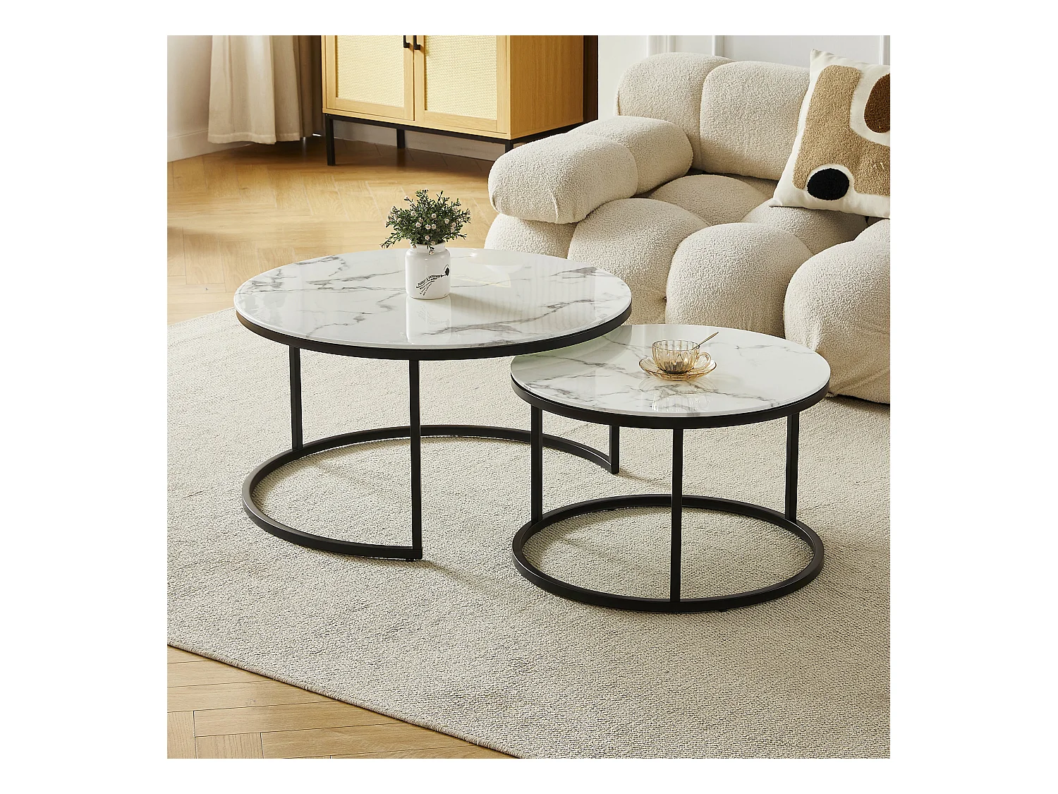 Tables basses gigognes MILA - Verre trempé effet marbre blanc et métal noir