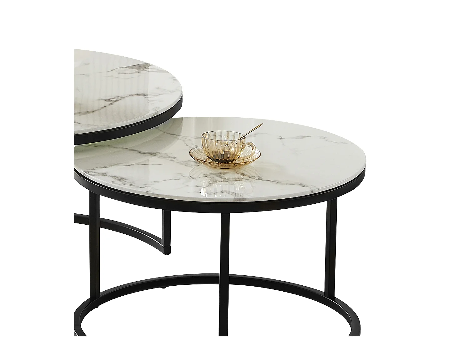 Tables basses gigognes MILA - Verre trempé effet marbre blanc et métal noir