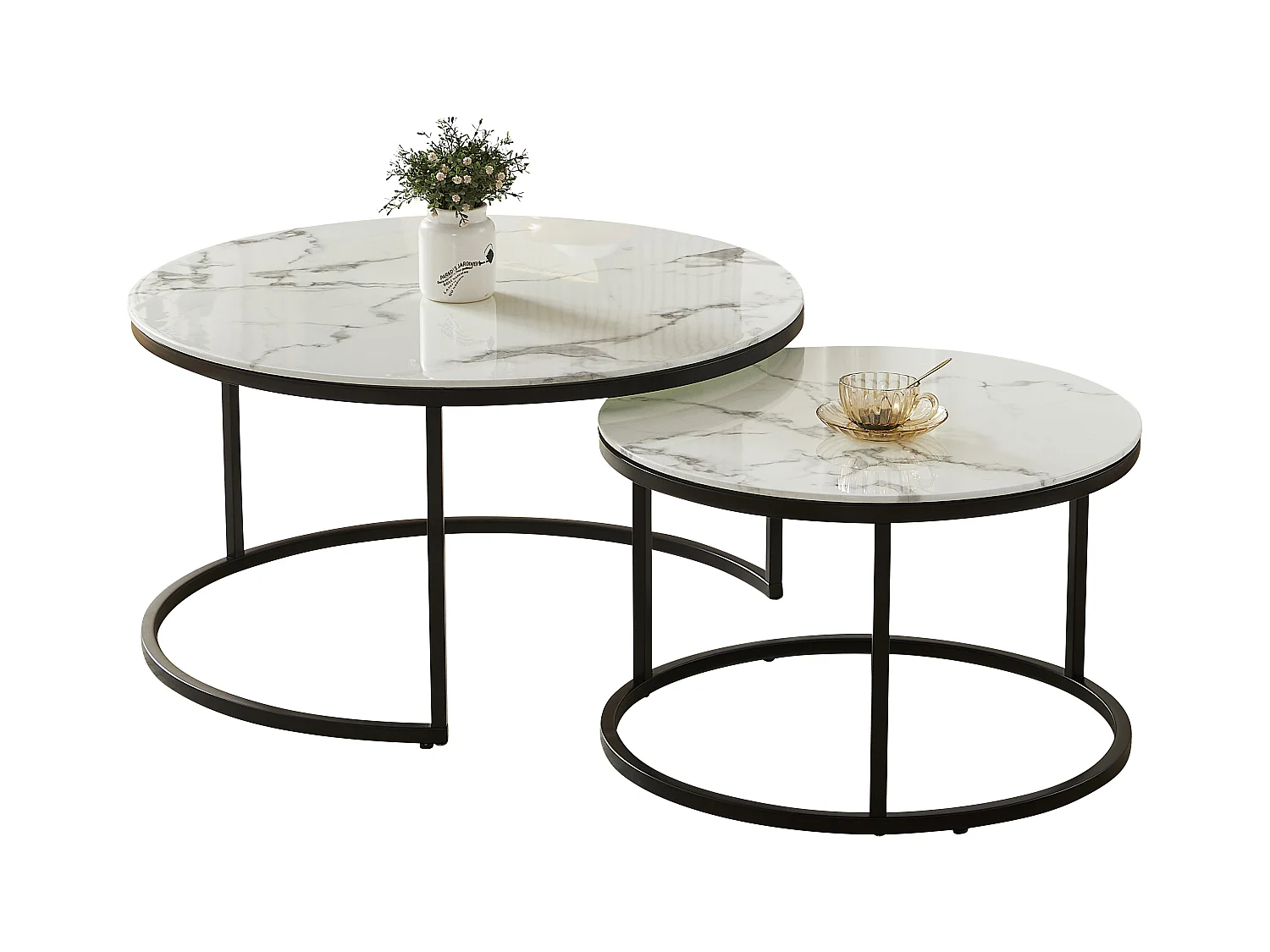 Tables basses gigognes MILA - Verre trempé effet marbre blanc et métal noir