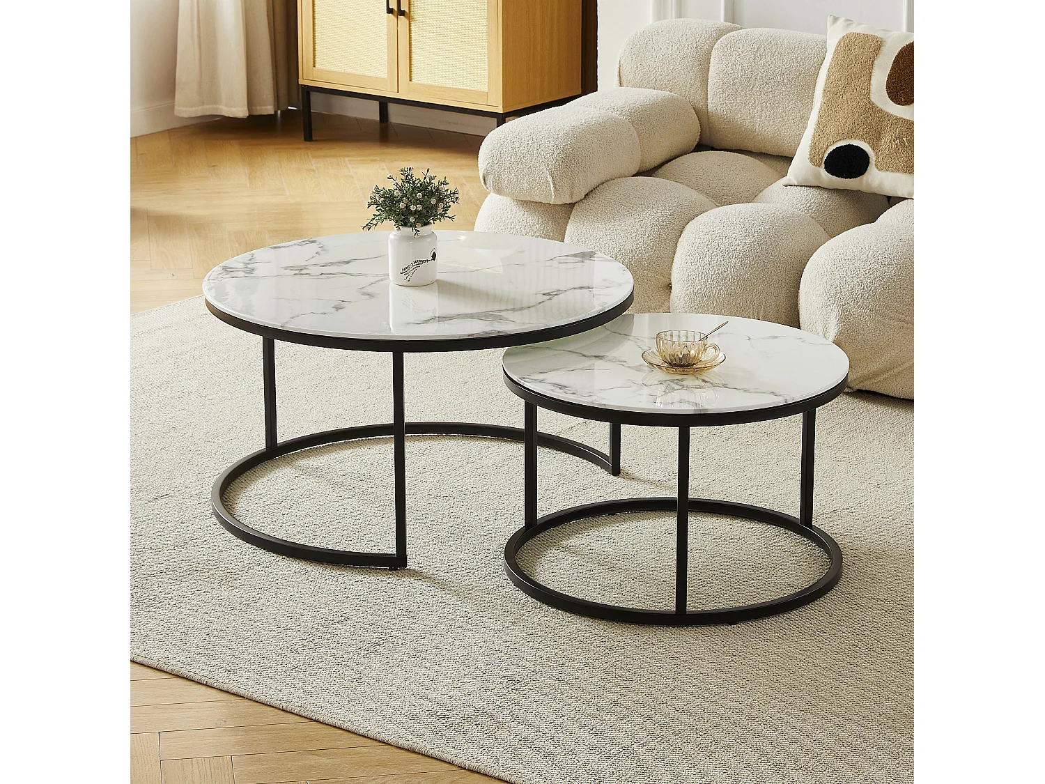 Set van 2 salontafels - Gehard glas wit marmereffect - Zwart metaal