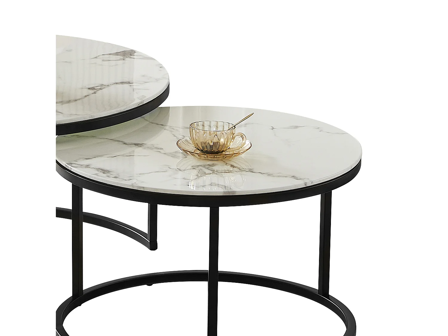 Set van 2 salontafels - Gehard glas wit marmereffect - Zwart metaal