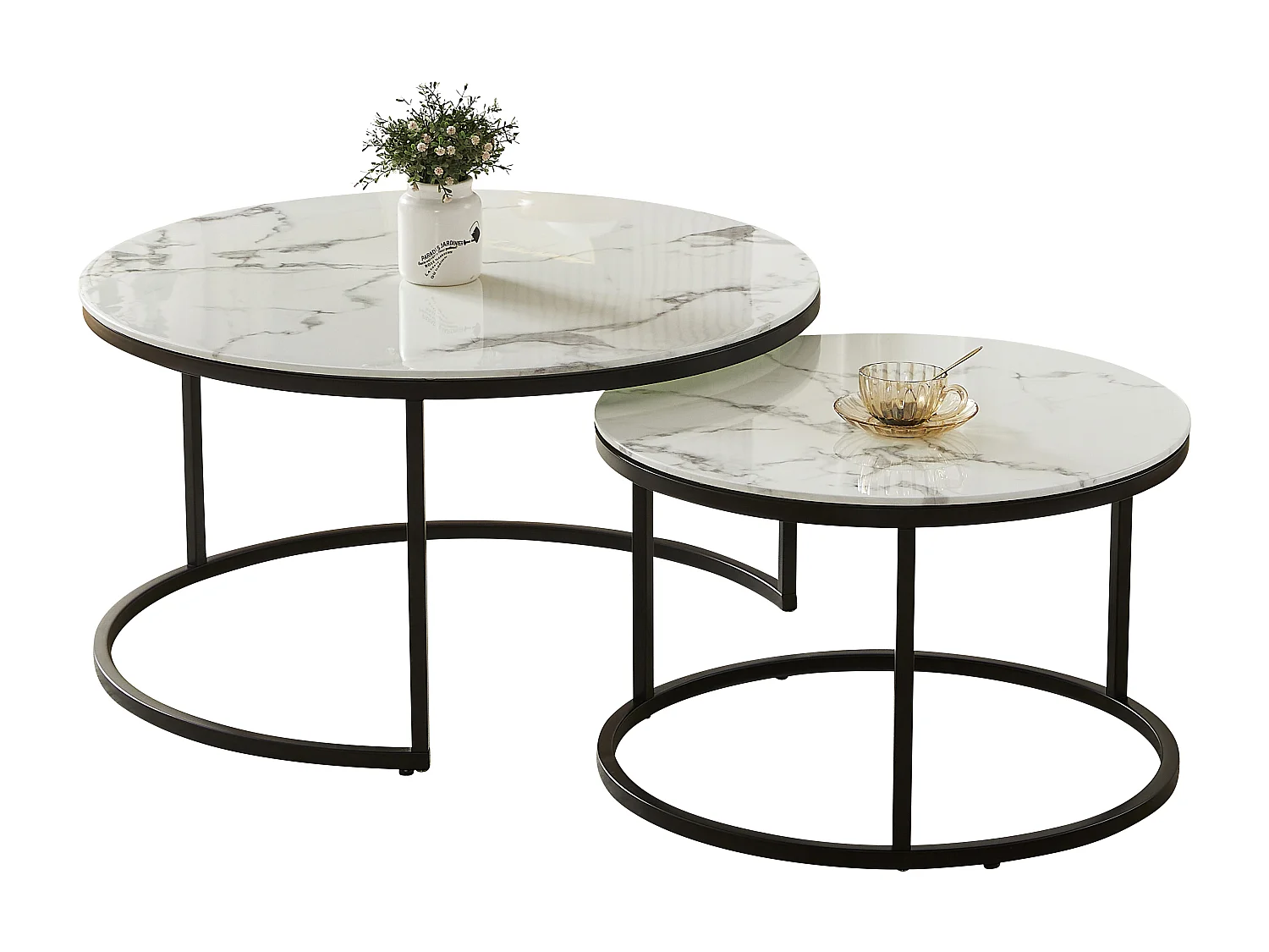 Set van 2 salontafels - Gehard glas wit marmereffect - Zwart metaal