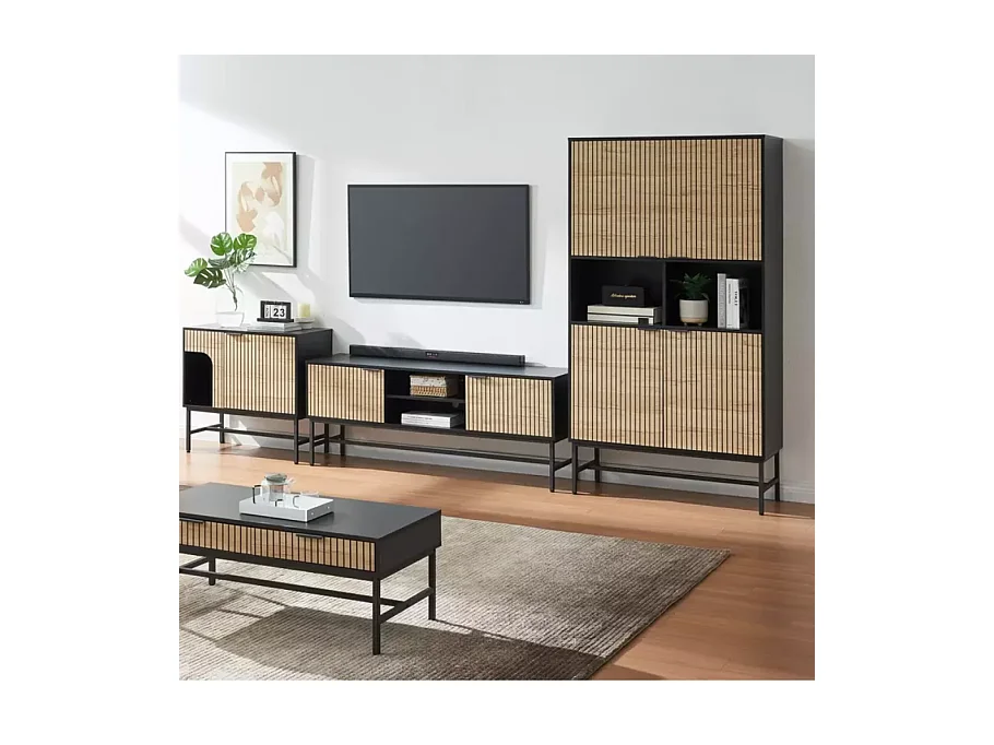 Armoire de salon en métal noir et plateau chêne 100 x 40 x 184 cm industrielle LOREENS